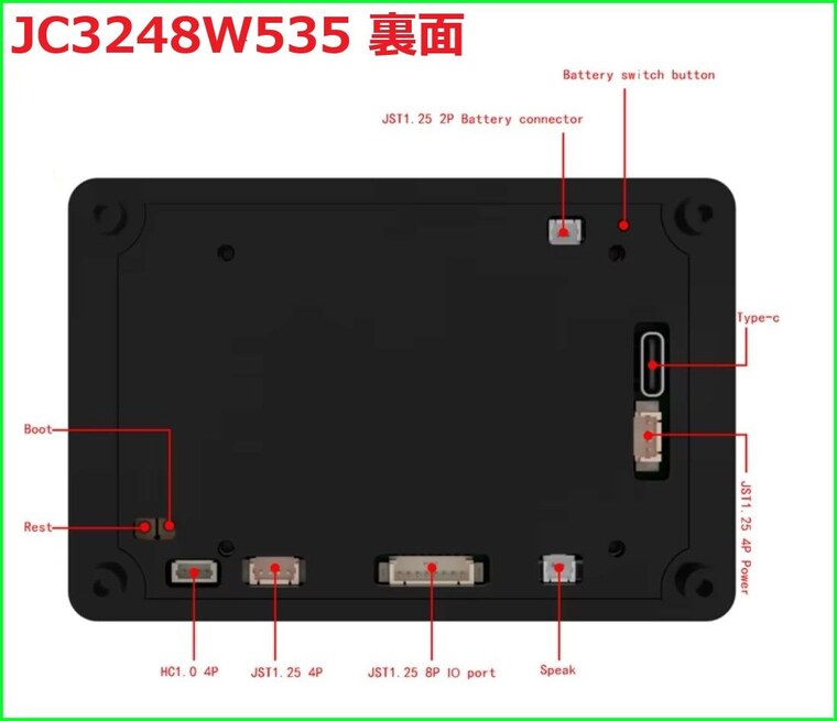 Guition JC3248W535 back, with Boot, Reset, Type-C, battery switch and JST connectors labelled